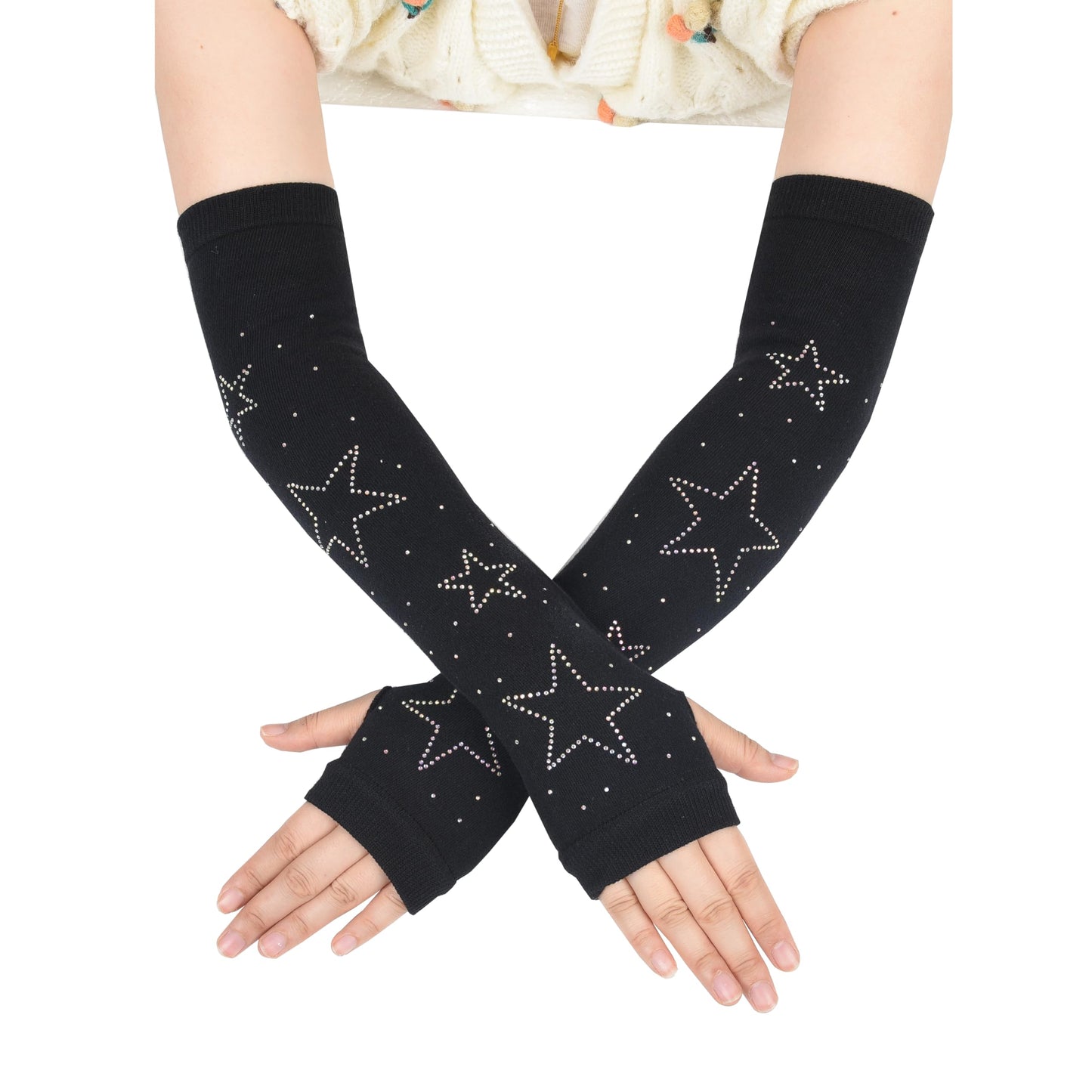 Dailyyart Rhinestone Knitted Arm Warmer，Star Hair Clips Gothic Punk Fingerless Arm Warmers for Girls Women Night Club (Black)