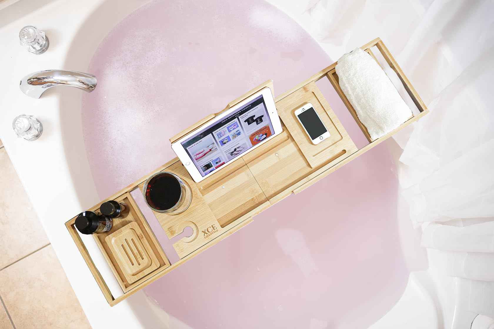 XcE Foldable Bathtub Tray Expandable to 105cm for Luxury Bath, Bath Tray for Bathtub (Bamboo)