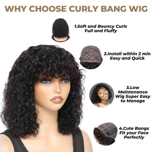 FREESHOW Short Curly Human Hair Wigs Curly Wig With Bangs Human Hair Glueless Curly Bob Wig Human Hair Short Wigs for Black Women 250% Density 10Inch Natural Black