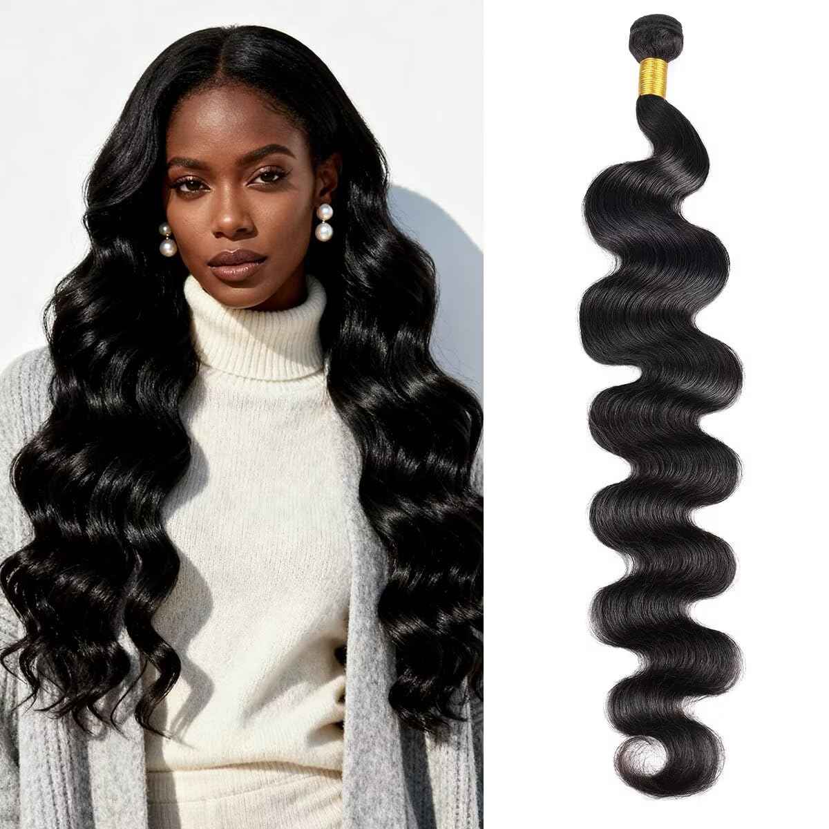 12A Human Hair Bundles 16 Inch Body Wave Bundles Human Hair 100% Unprocessed Brazilian Virgin Organique Quick Weave 1 Bundle for Women Wet and Wavy Human Hair Extensions Natural Black