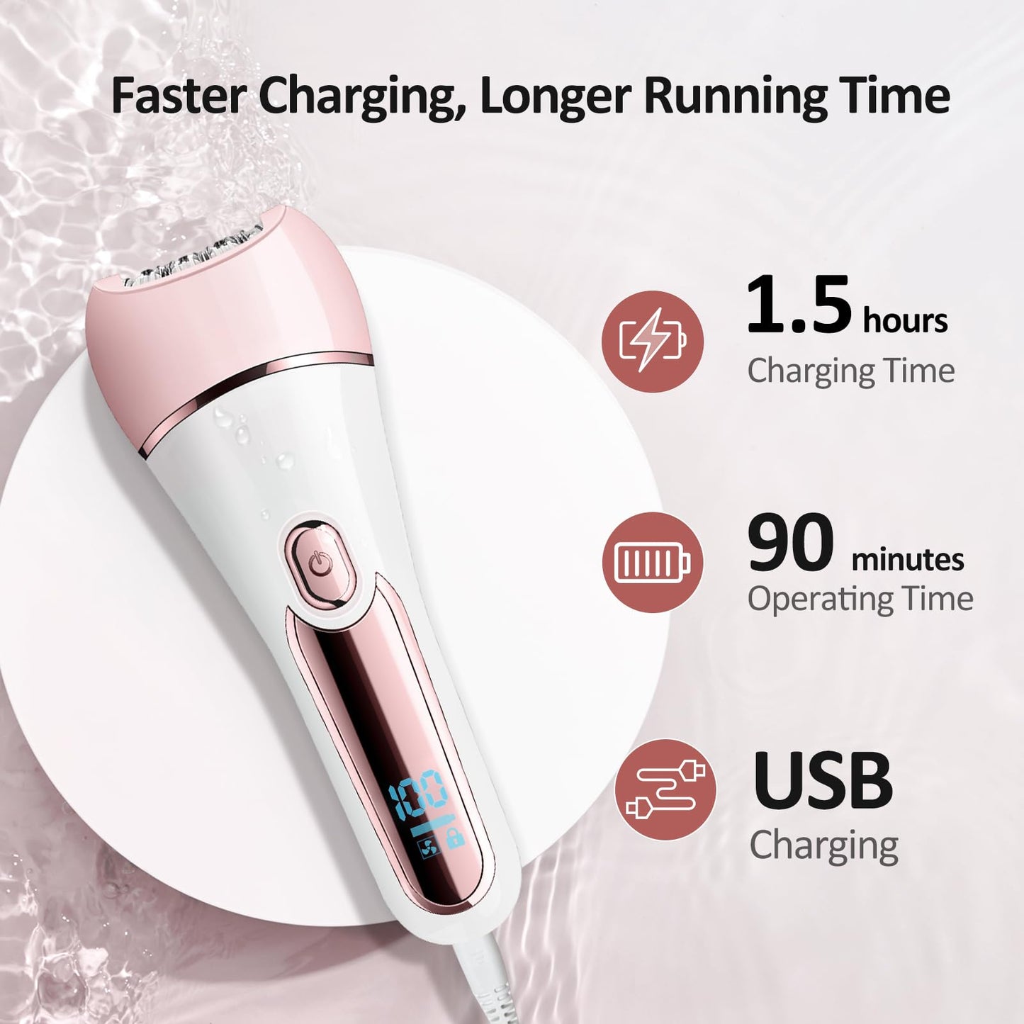 Epilator for Women, 6 in 1 Hair Removal Epilator, Shaver, Face Razor, Facial Brush, Face Massage and Body Exfoliator,IPX7 Waterproof Rechargeable Hair Removal for Women (Pink)