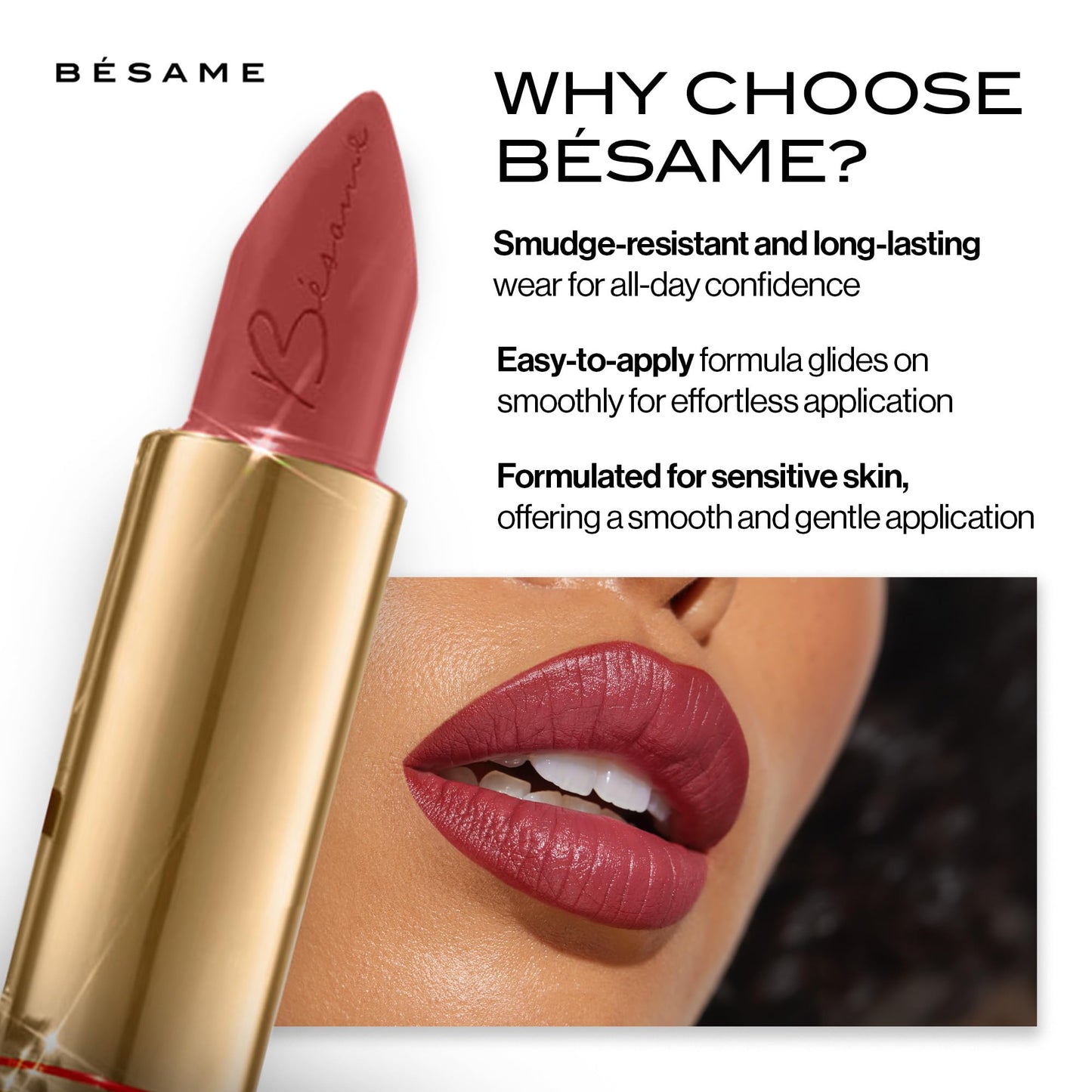 BESAME Dusty Rose Lipstick 1969, Cool Mauve Red Long-Lasting, Satin Finish Lip Color With Moisturizing Vitamin E, Universally Flattering Everyday Shade, Popular On Light-Medium Skin