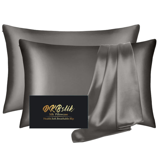 Silk Pillow Cases 2 Pack, Mulberry Silk Pillowcases Standard Set of 2, Smooth, Anti Acne, Beauty Sleep, Both Sides Natural Silk Satin Pillow Cases for Women 2 Pack with Zipper for Gift, Dark Gray