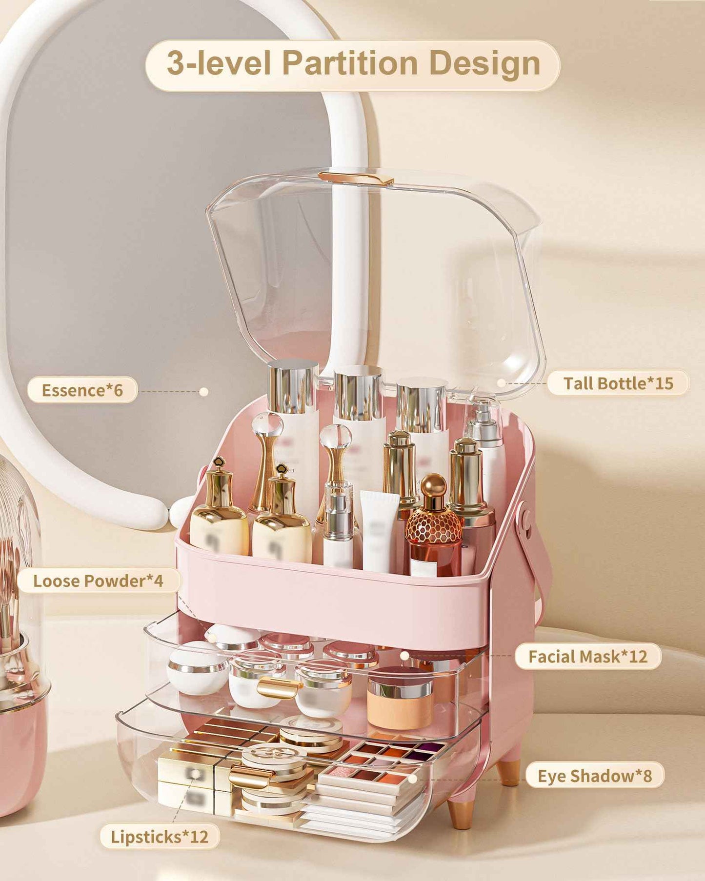 Makeup Organizer Countertop, Skincare Holder Bathroom Counter Organizer, Storage Box Cosmetic Display Cases, Teen Girl Gifts Make up Organizers for Vanity, Dresser (Pink)