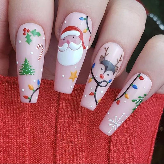 24Pcs Christmas Press on Nails Medium Coffin Snowflake Fake Nails Elk Christmas Tree Full Cover Acrylic Nails with Design Artificial Nails Xmas False Nails Cute Santa Claus Stick on Nails for Women