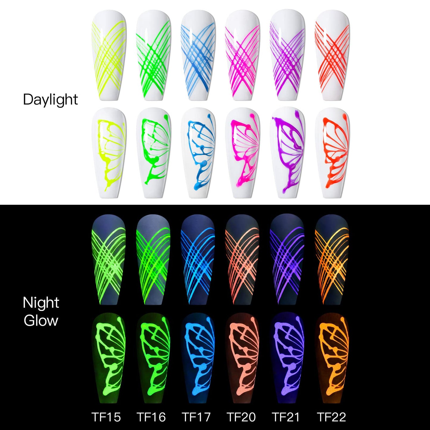 MEET ACROSS 6 Colors Luminous Spider Gel, Glow In The Dark Nail Art Drawing Gel for Line, Painting Elastic Drawing Spider Gel for Nail Art, Soak off UV LED Nail Gel, DIY Nail Art Manicure with Brushes