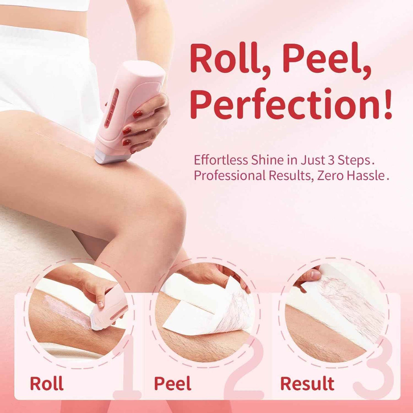 Wax Roller Kit- Easy Use Roll on Wax Kit with 4-6 Weeks Smooth Skin,Hair Remover for Larger Areas of the Body, Beginner-Friendly,with 50 Pcs Strips and 2 wax roller (Honey-2)