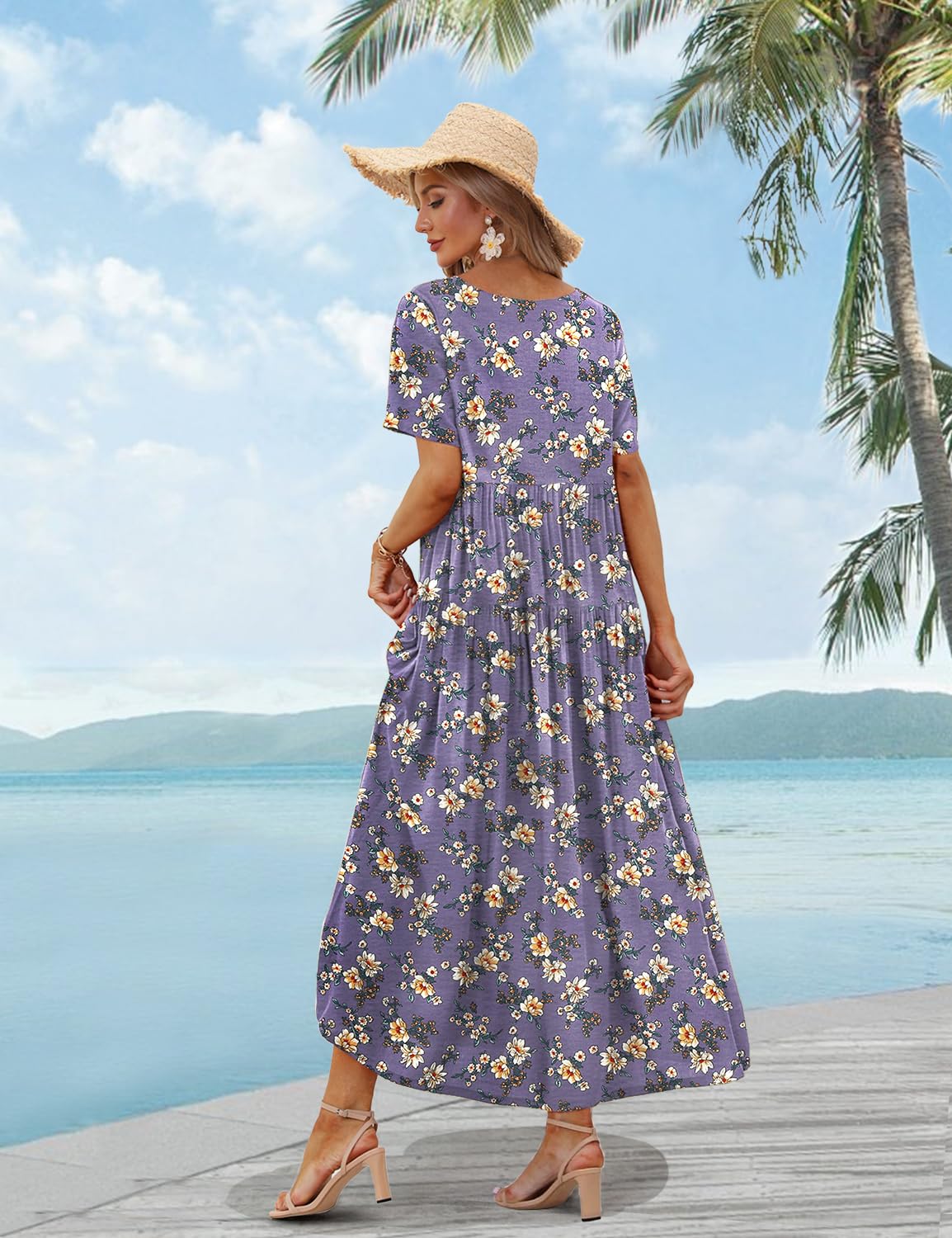 YESNO Women Casual Loose Bohemian Floral Dress with Pockets Short Sleeve Long Maxi Summer Beach Swing Dress XS EJF CR08 Purple