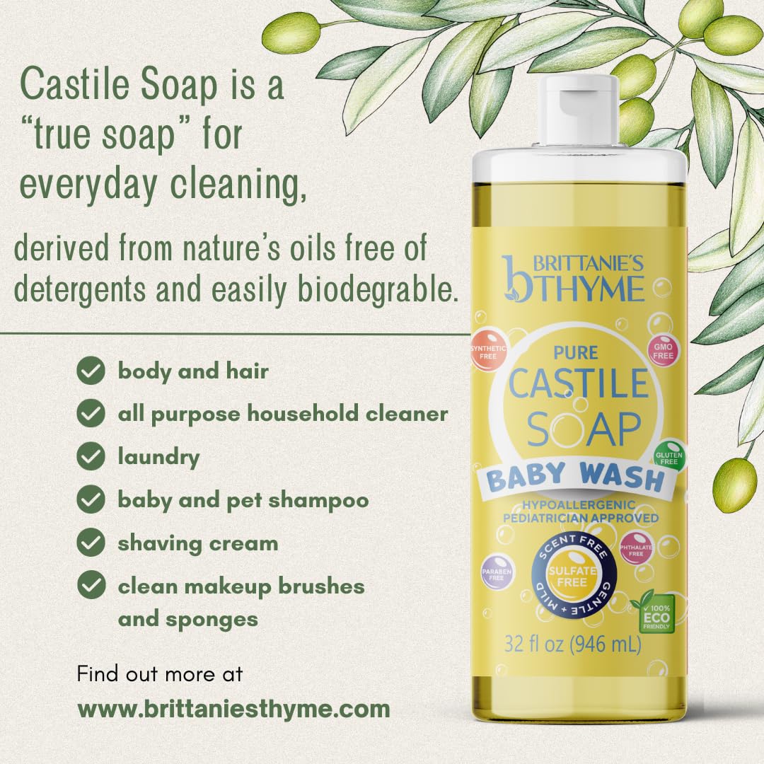 Brittanie’s Pure Castile Liquid Soap Refill, Unscented | Dish Soap, Hair & Body, Home, Gentle and Pure, Made with Natural Luxurious Oils, Vegan & Gluten Free Non-GMO (Pack of 2)