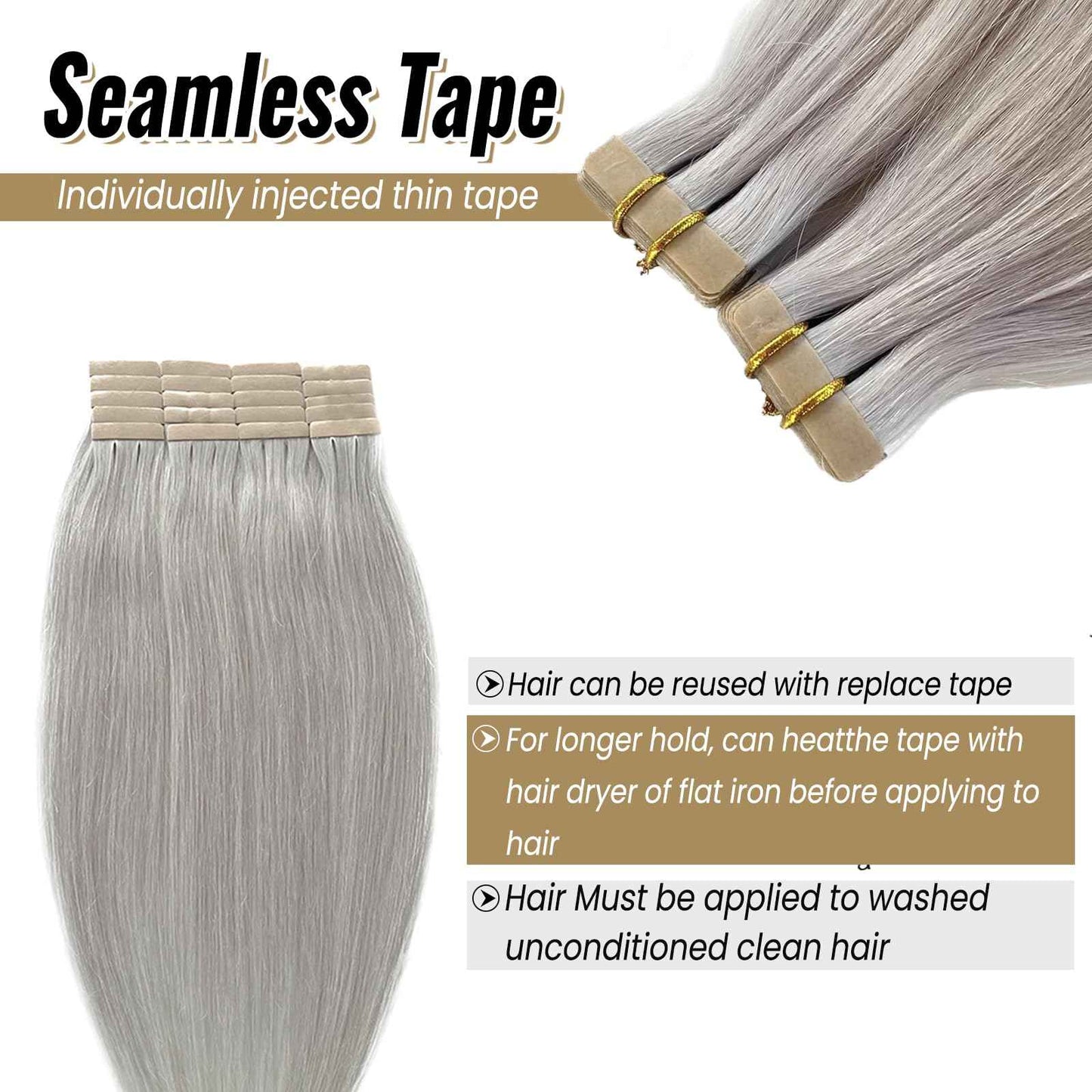 Platinum Silver Invisible Seamless Tape in Hair Extensions Human Hair 16inch Silver Grey Double Sided Pu Hair Extensions Tape ins Human Hair for Women 50g/Pack