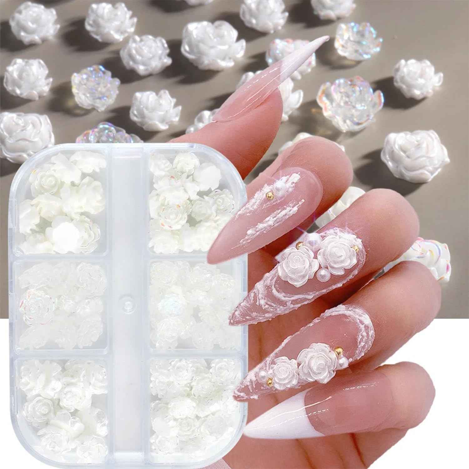 Tyuimhx Flowers Nail Charms 3D Resin White & Aurora Clear Rose Designs Nail Art Charms for Acrylic Nails Flatback Floral Nail Supplies for Women DIY Manicure Decorations Crafts (6 Grids)