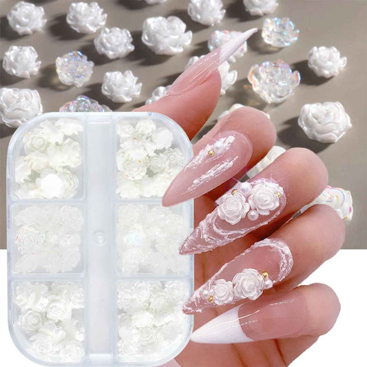 Tyuimhx Flowers Nail Charms 3D Resin White & Aurora Clear Rose Designs Nail Art Charms for Acrylic Nails Flatback Floral Nail Supplies for Women DIY Manicure Decorations Crafts (6 Grids)