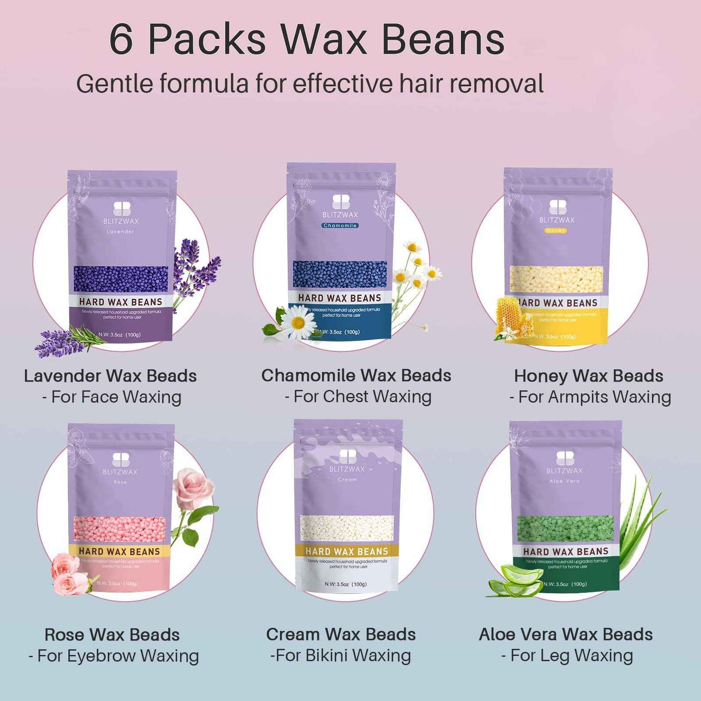 BLITZWAX Brazilian and Bikini Waxing Kit for Women, Hard Wax Warmer for Face, Legs and Body, At Home Hair Removal Kit, Beginner Friendly, Quick Heating, Pink and Blue Gradient Color