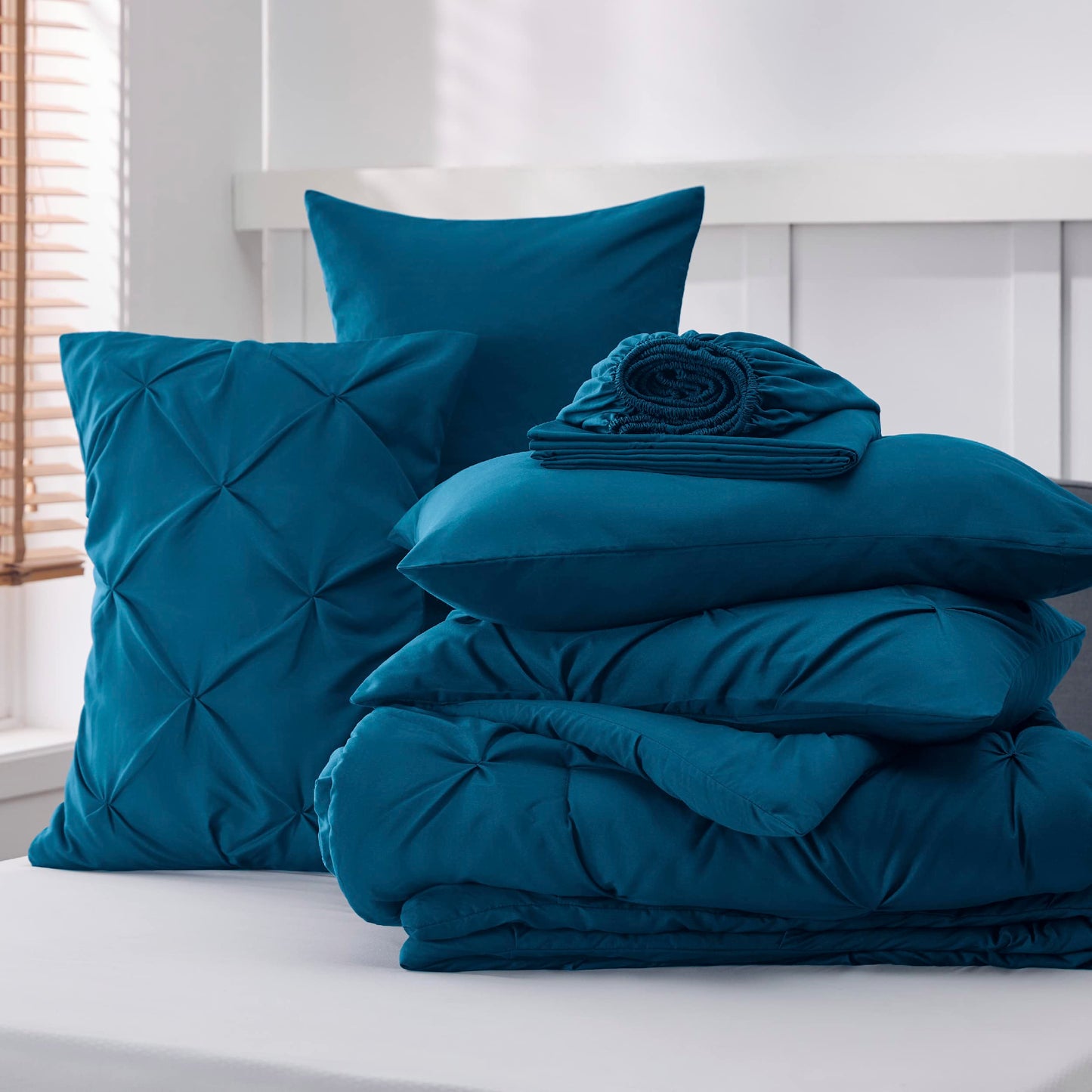 Bedsure Twin Comforter Set with Sheets - 5 Pieces Twin Bedding Sets, Pinch Pleat Teal Blue Twin Bed in a Bag with Comforter, Sheets, Pillowcase & Sham