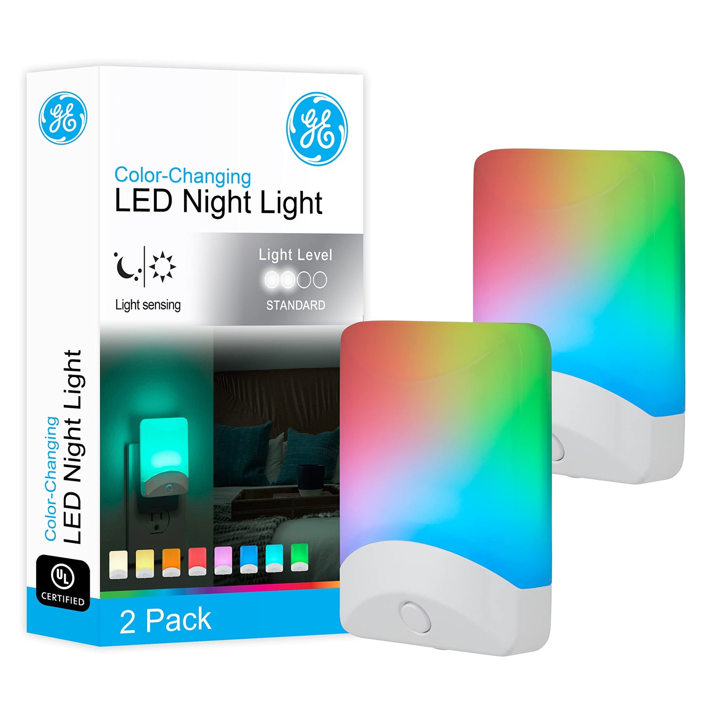 GE Color-Changing LED Night Light, Plug Into Wall, Dusk to Dawn Sensor, 8 Vibrant Colors, Ambient Lighting, Kids Adults Bedroom, Bathroom, Nursery, Kitchen, Hallway, 2 Pack, 46722-P1