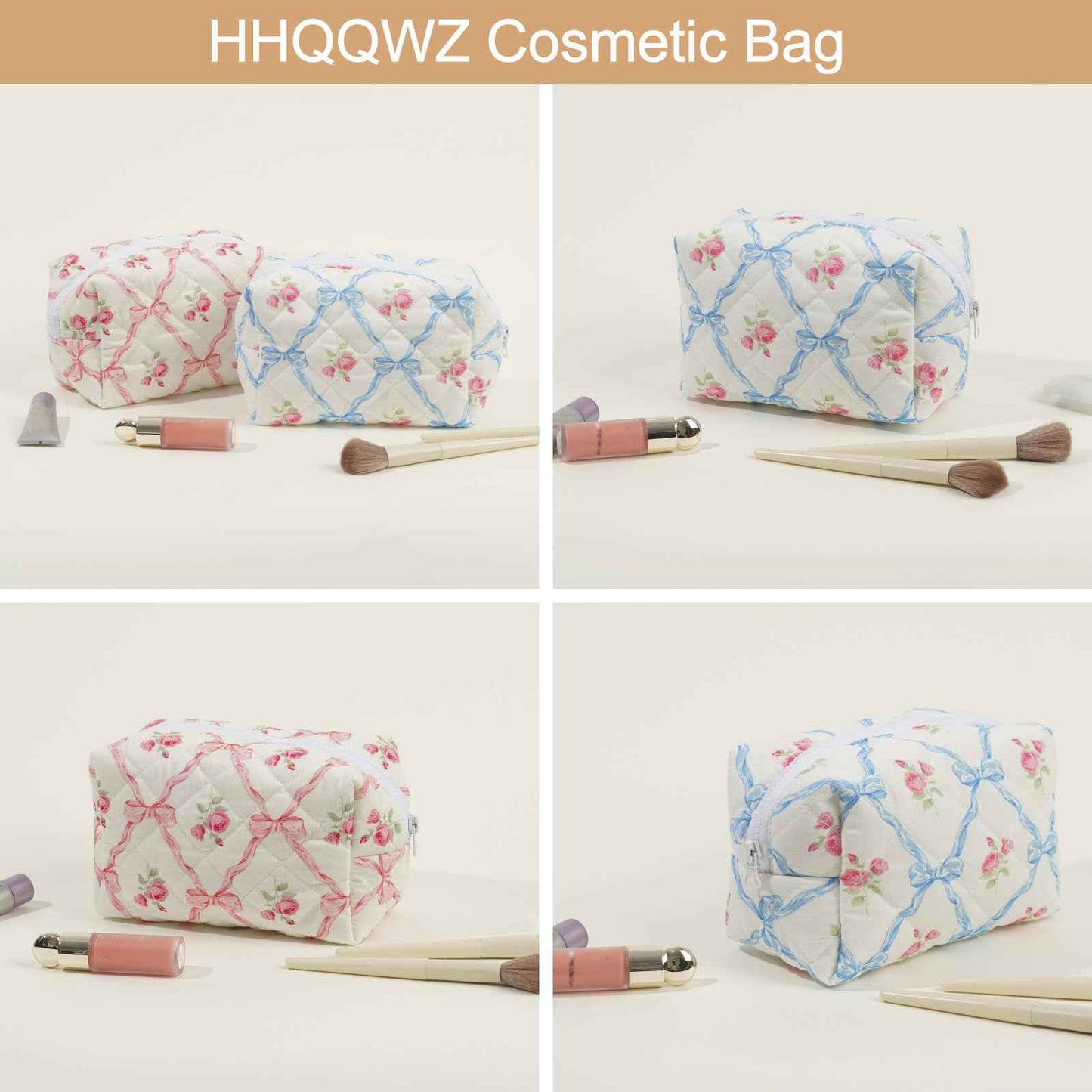HHQQWZ Quilted Cotton Makeup Bag Travel Cosmetic Bag for Women Girls, Zipper Make Up Pouch, Bow Pattern Toiletry Organizer Makeup, Portable Storage Bag (2 Pack: Blue Bowknot)