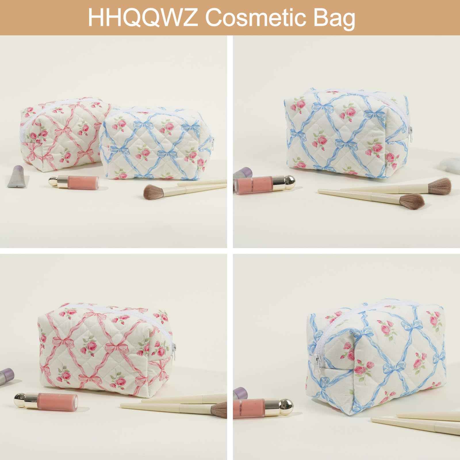 HHQQWZ Quilted Cotton Makeup Bag Travel Cosmetic Bag for Women Girls, Zipper Make Up Pouch, Bow Pattern Toiletry Organizer Makeup, Portable Storage Bag (2 Pack: Blue Bowknot)
