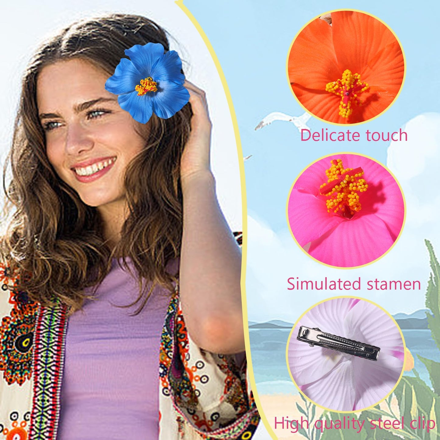 Hawaiian Flower Hair Clips for Women Pink & Orange & Green & Blue Hair Clip Fashion Artificial Flower Clips Summer Hair Accessories for Vacation Beach Party 4PCS