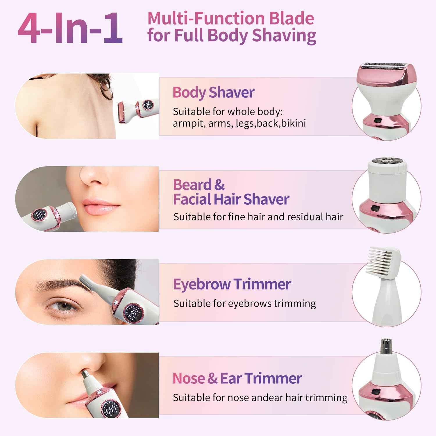 4-in-1 Electric Razor & Bikini Trimmer for Women - Rechargeable Wet/Dry Body Shaver for Face, Legs, Underarms, Pubic Hair, IPX6 Waterproof with LED Light & Travel Lock