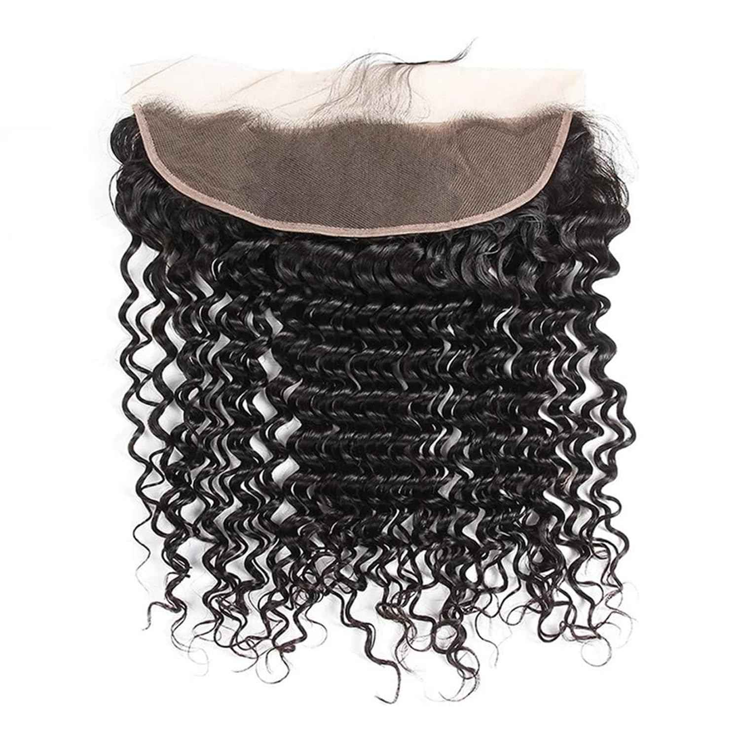 Lace Frontal Closure Deep Wave 13x4 Ear to Ear Frontal HD Lace 16 Inch Brazilian Curly Virgin Human Hair Extensions Pre Plucked with Baby Hair 150% Density Natural Black