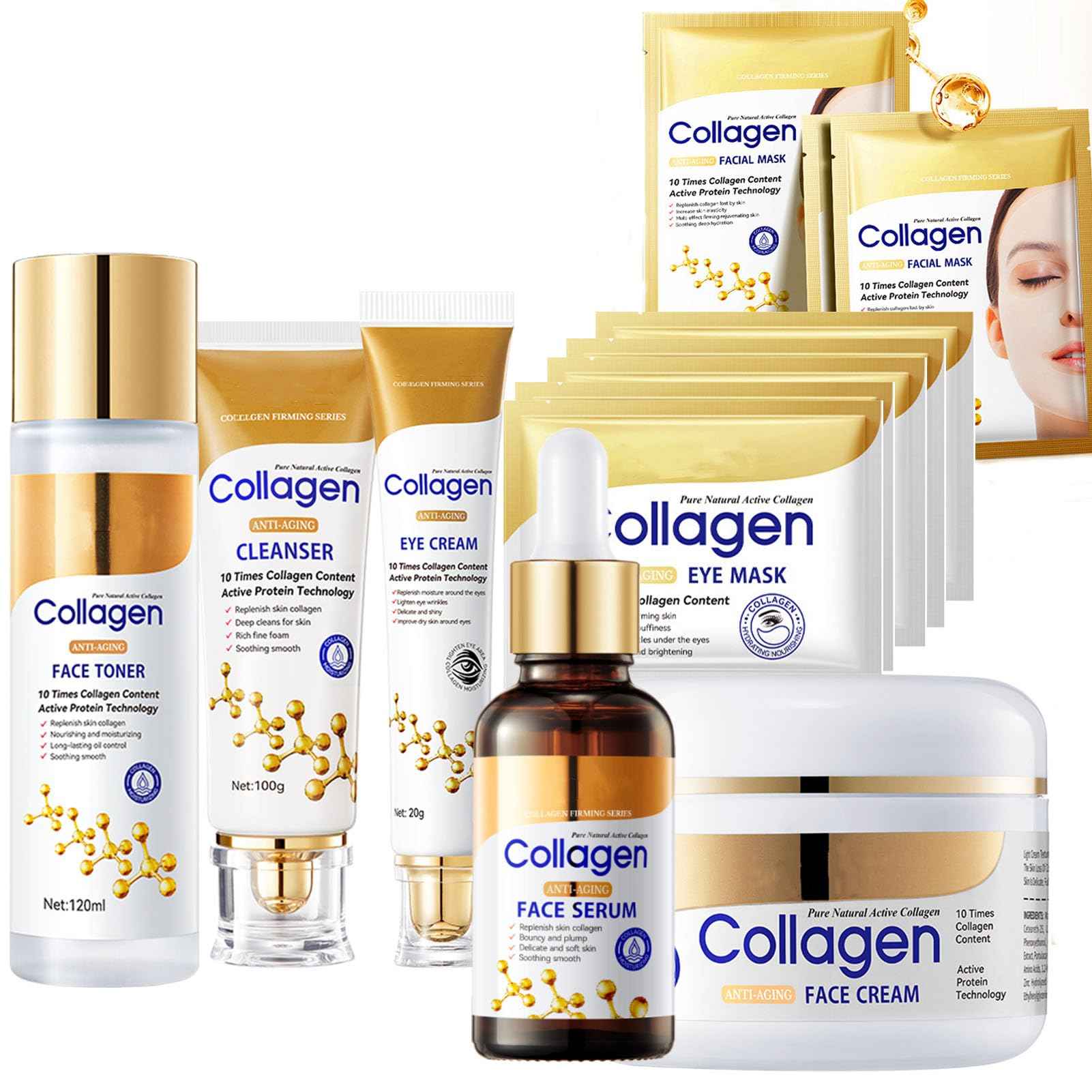 Collagen face wash sets for women, 13 Pcs Skin Care Set , Facial Kit with Facial Cleanser Toner Eye Cream Face Serum Face Cream Face Mask Eye Mask
