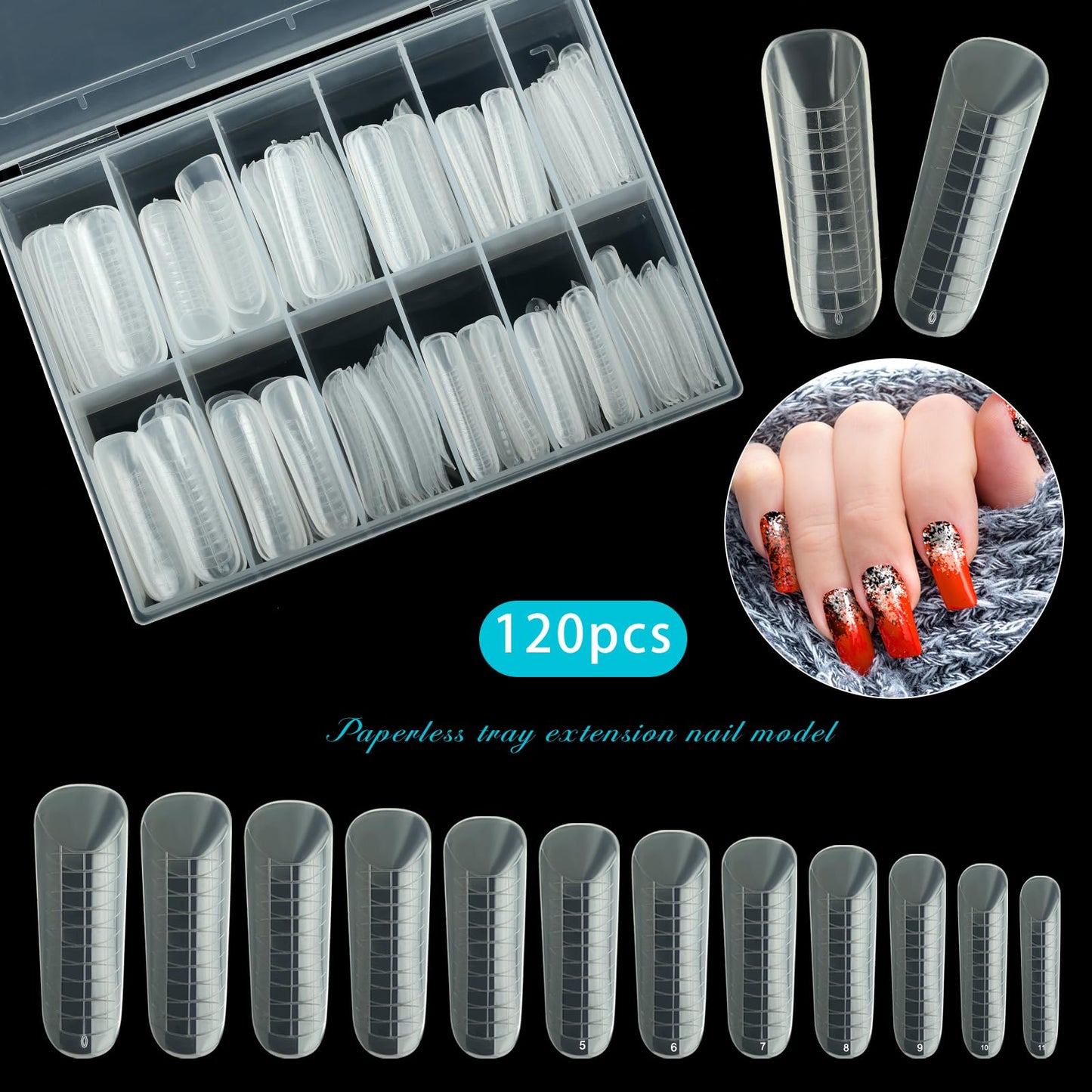 Vnjaoi 120 Pcs Poly Extension Gel Dual Nail Forms Nail Molds With Scale Builder Coffin Nail for Gel Manicure Nail Art Design Salon DIY at Home (Long Dual Nail Forms Set)