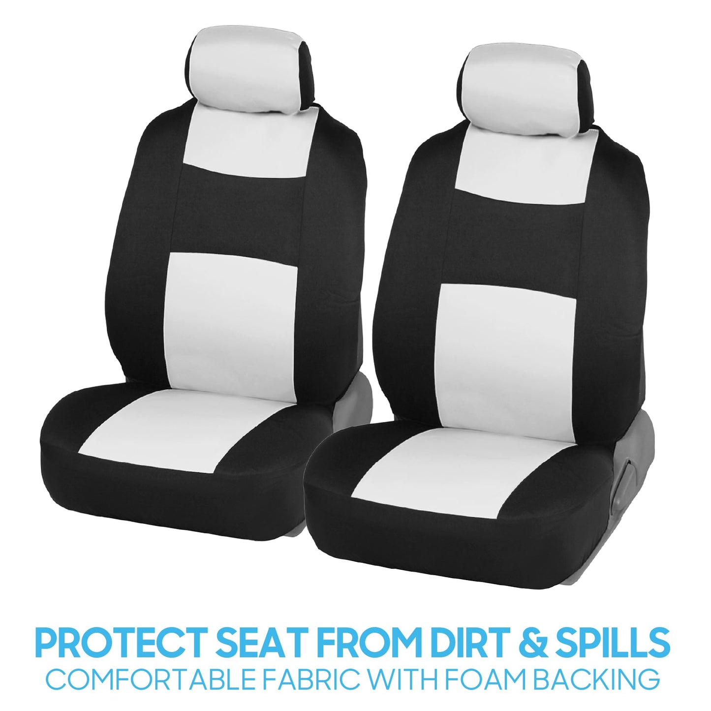 BDK PolyPro Car Seat Covers Full Set in White on Black, Front and Rear Split Bench Seat Covers for Cars, Easy to Install Car Seat Cover Set, Car Accessories for Auto Trucks Van SUV - White