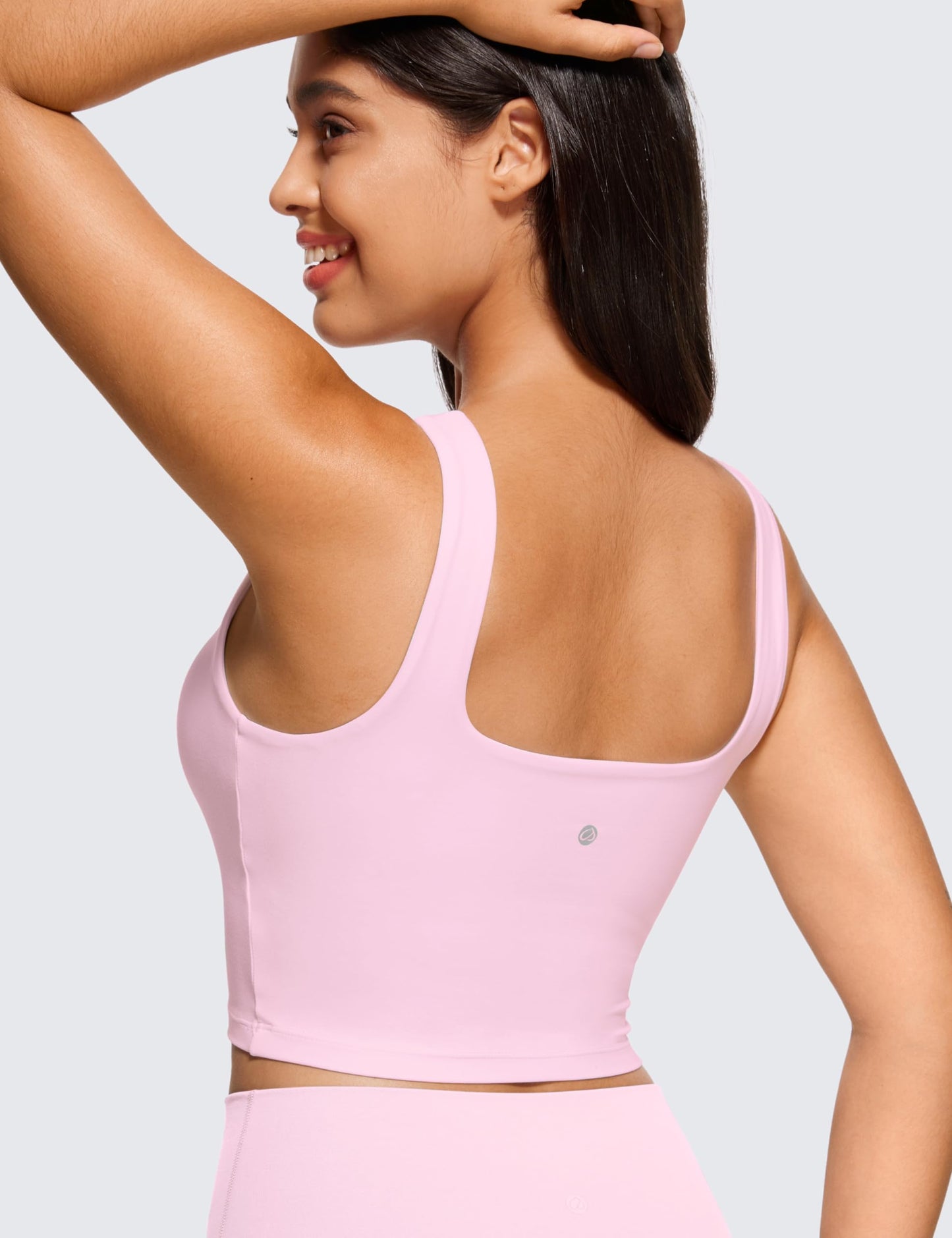 CRZ YOGA Butterluxe Womens Square Neck Longline Sports Bra - Workout Crop Tank Tops Padded with Built in Shelf Yoga Bra Pink Peony X-Large