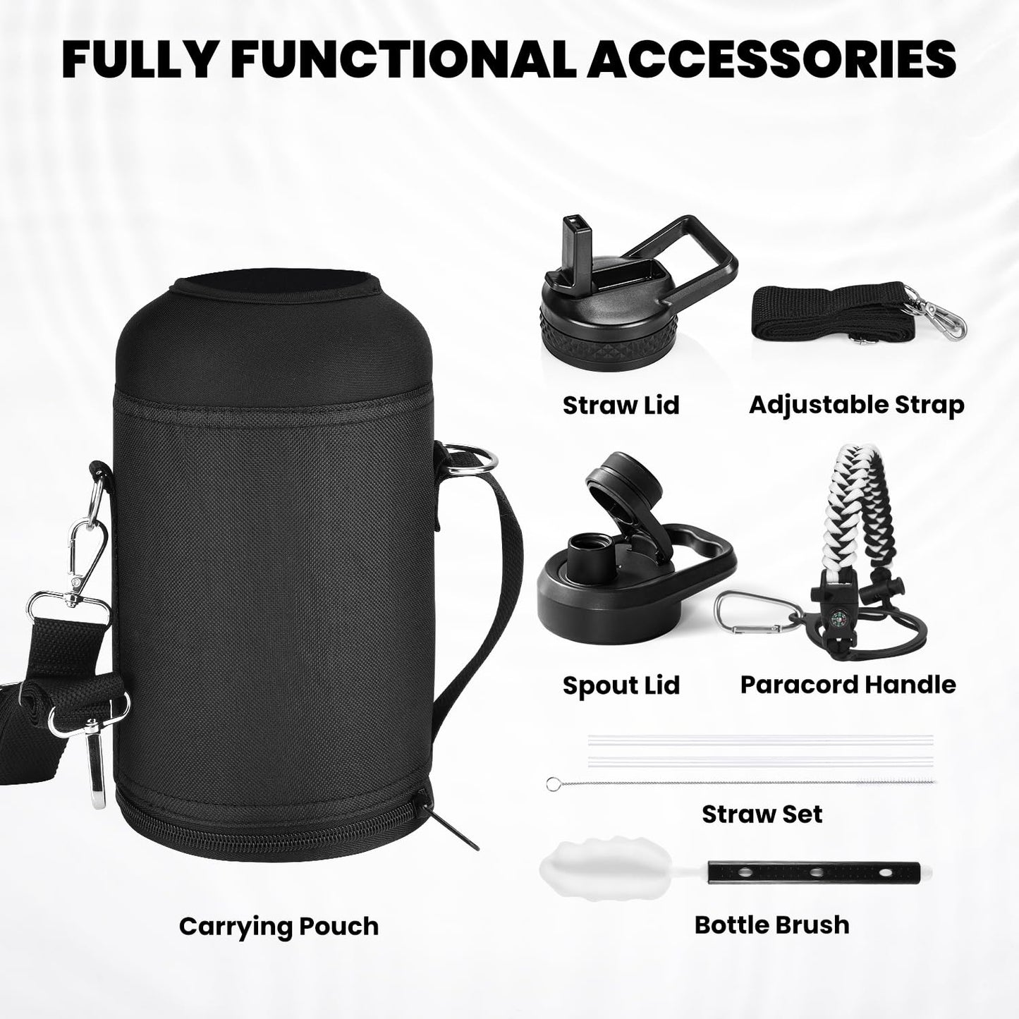 RAYMYLO Insulated Water Bottle 64 oz, Triple Wall Vacuum Stainless Steel (Cold for 48 Hrs), Leak Proof & Non-BPA, Half Gallon Water Flask Jug with Paracord Handle & Straw Spout Lids, White/Black