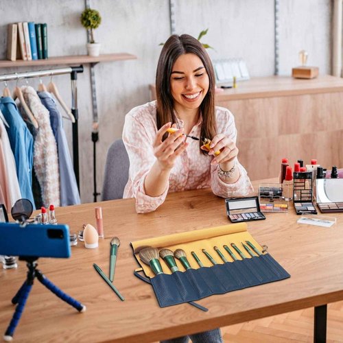 Bird&Fish Makeup Brush Case Travel, makeup brush bag，silicone case roll up bag,Rolling Bag Storage Case PU Leather,Holder Organizer Brushes Pouch Cosmetic Bag for Travel (New Crimson)