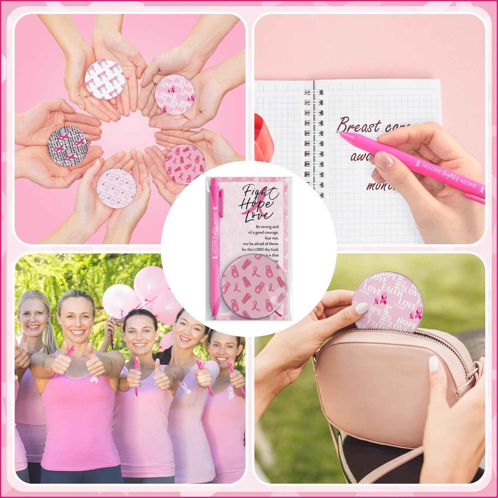 Pinkunn 75 Sets Breast Cancer Awareness Accessories Bulk Breast Cancer Gift for Women Compact Mirrors with Pink Ribbon Boxing Glove Design, Ballpoint Pens, Motivational Cards Charity Party Favors