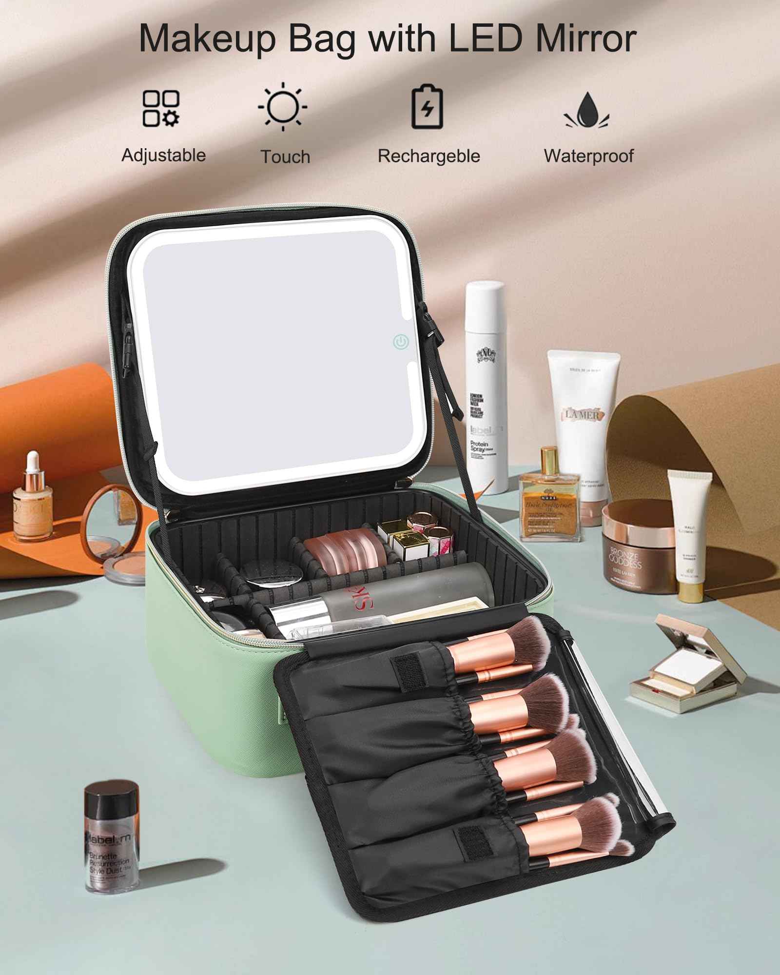 Relavel Makeup Bag With Light Up Mirror, Travel Cosmetic Case With Brush Organizer Storage Box, Rechargeable Vanity With 3 Color Lights, High Frame Protection (Green)