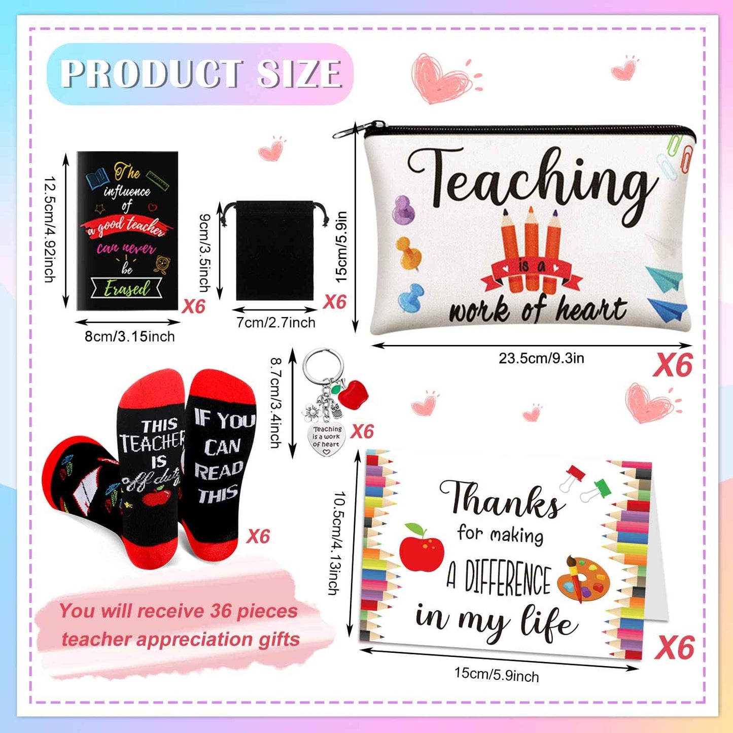 Eaasty 36 Sets Teacher Appreciation Gifts Bulk Makeup Pouch Cosmetic Pencil Bag Keychains Inspirational Notebooks Cards and Socks for Teacher Appreciation Graduation Gifts