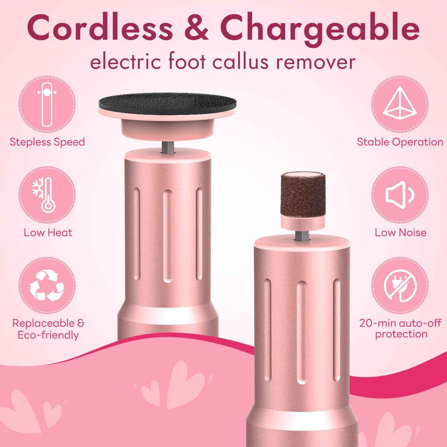 JINYAWA Electric Foot Callus Remover - 2-in-1 Rechargeable Cordless Foot File with LCD Display & 6 Speeds - Professional Foot Sander for Dead Skin, Thick Nails, Heels and Soles (Pink)