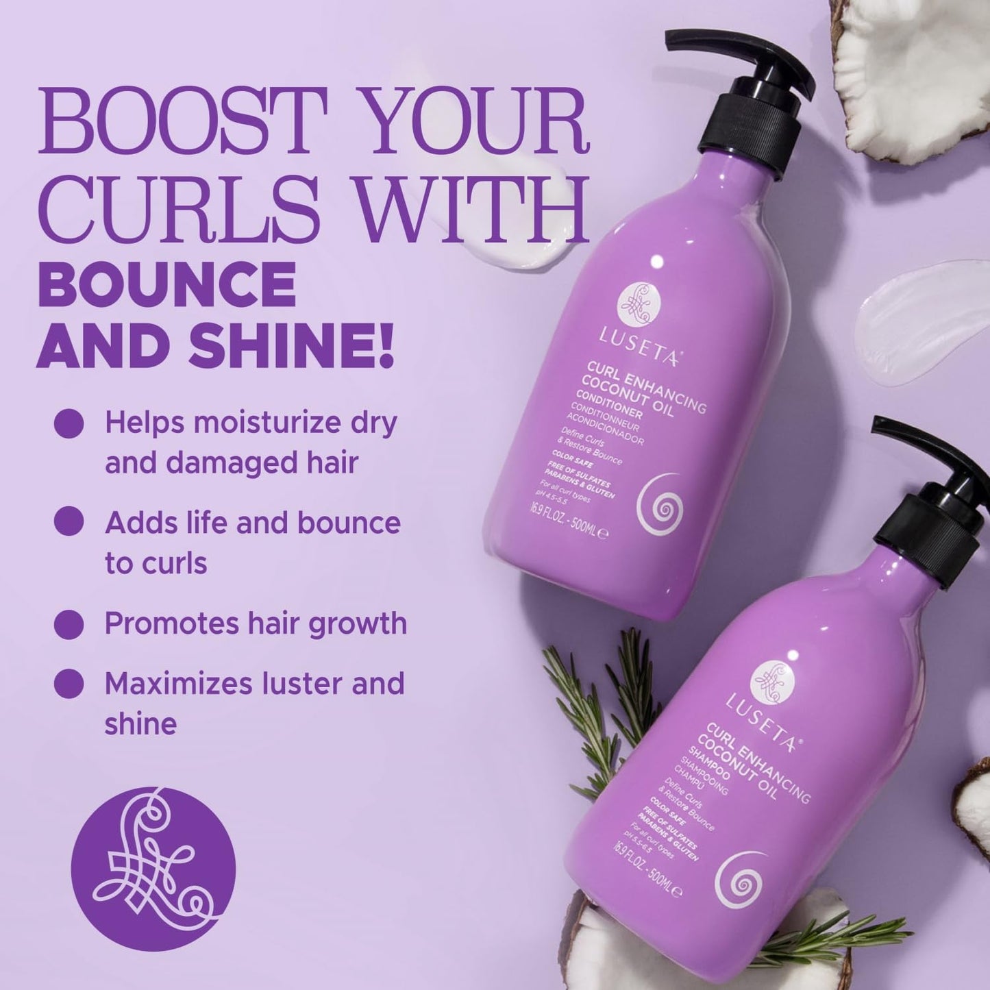 Luseta Curly Hair Shampoo & Conditioner Set with Coconut Oil, Unlimited Bounce and Definition for wavy and Coily hair, Reduce Frizz and Repair Dry Hair, for All Curl Types Sulfate Free 16.9Fl oz × 2