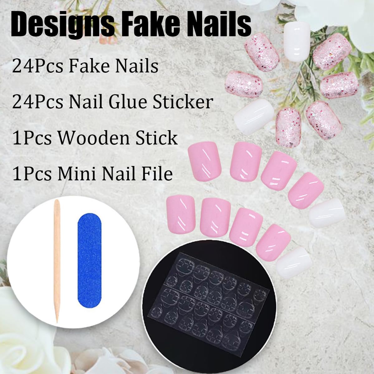 24 Pcs Pink Press on Nails Short Square Fake Nails with Glitter Design Pink White False Nails Glue on Nails Glossy Acrylic Nails Supplies for Women Girls Nails Decoration