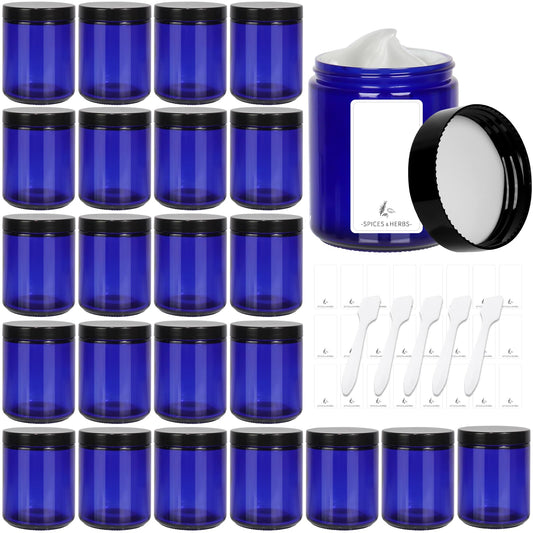 8 oz Blue Glass Jars with Black Plastic Lids, 24 Pack 240ml Round Empty Candle Jars Cosmetic Jars Food Storage Containers, Canning Jars For Craft, Powder, Liquid, Sample, Face Cream Lotion