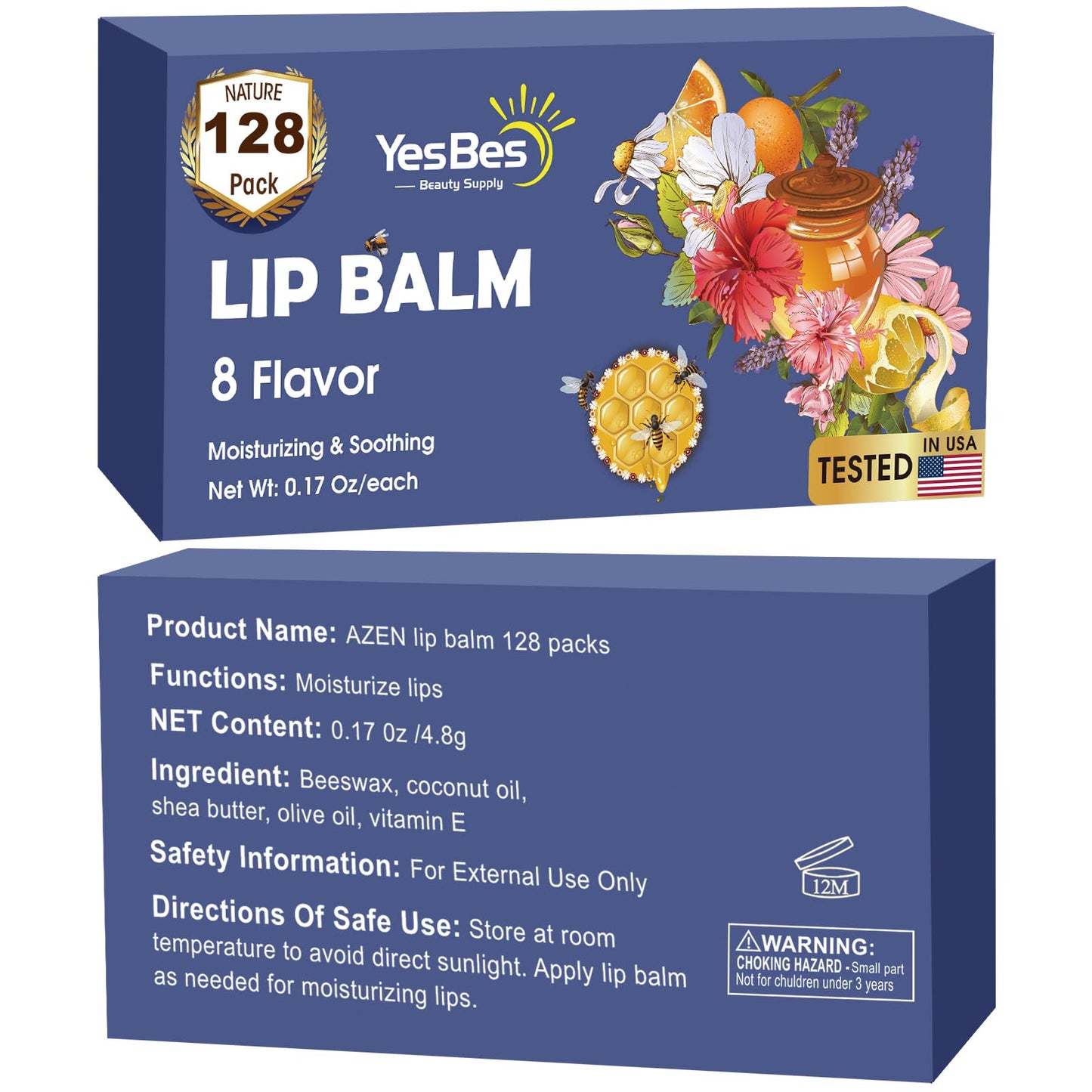 YesBes 128 Pack Lip Balm, Natural Lip Balm Bulk with Vitamin E and Coconut Oil, Moisturizing Lip Balm for Dry Cracked Lips, Lip Balm for Stocking Stuffers - 8 Flavors