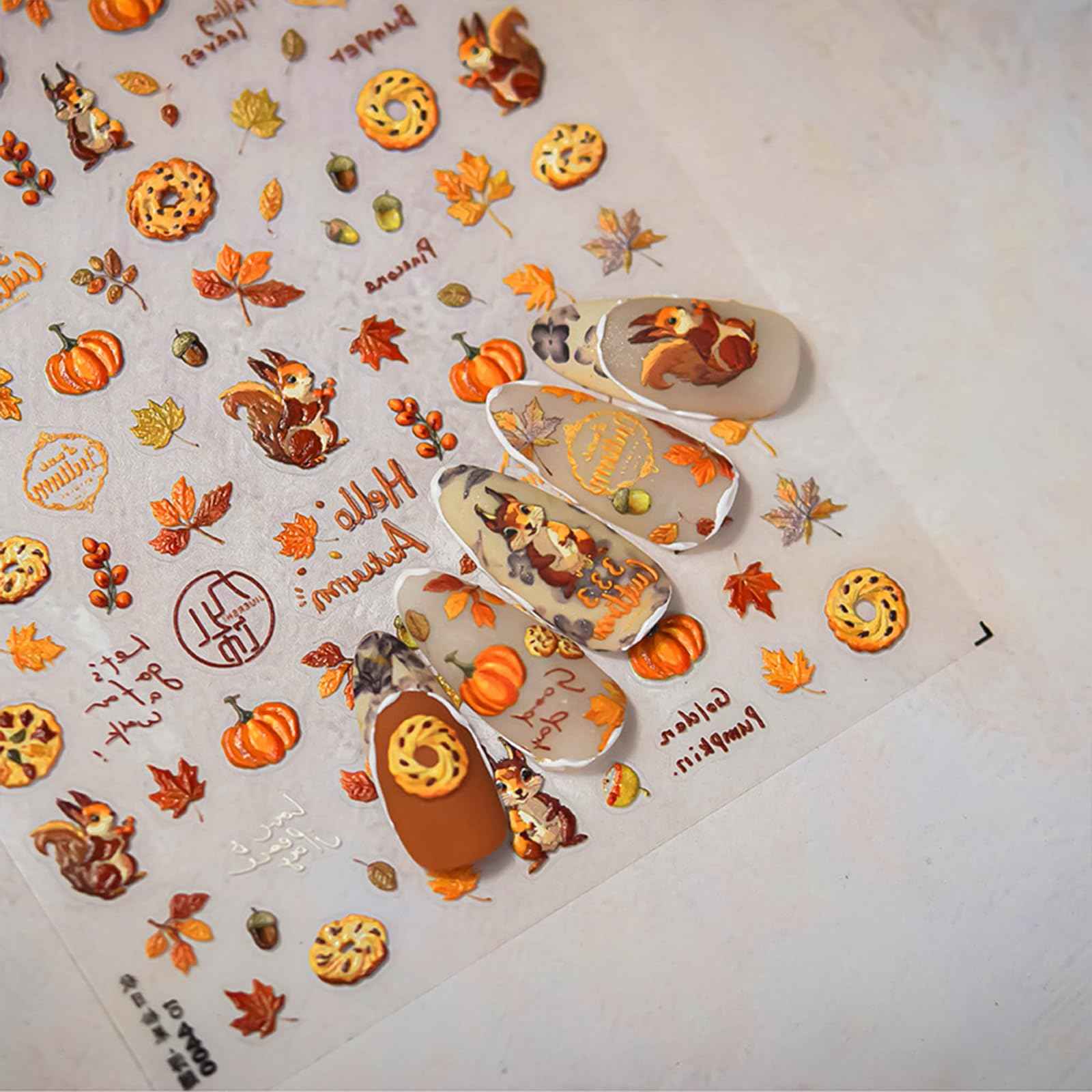 1 Sheet Fall Nail Art Stickers 5D Embossed Cute Nail Decals Autumn Maple Leaf Squirrel Pine Cones Fallen Leaves Nail Design Self-Adhesive Manicure Stickers Accessories for Women DIY Nail Decorations