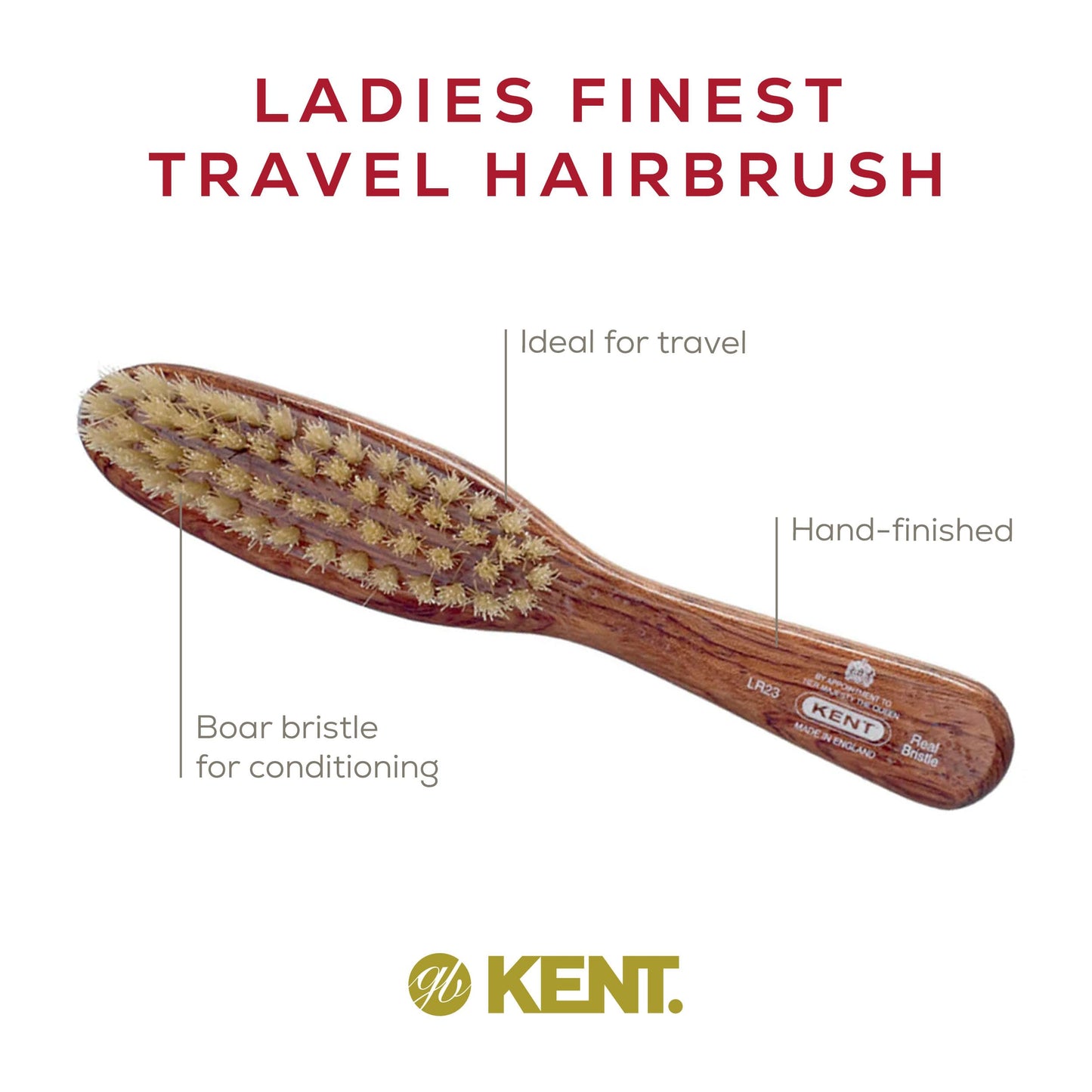 Kent LR23 Finest Ladies Narrow Style, Danta Wood, Pure White Bristle Hair Brush - Short to Medium Length Hair, Handbag Sized