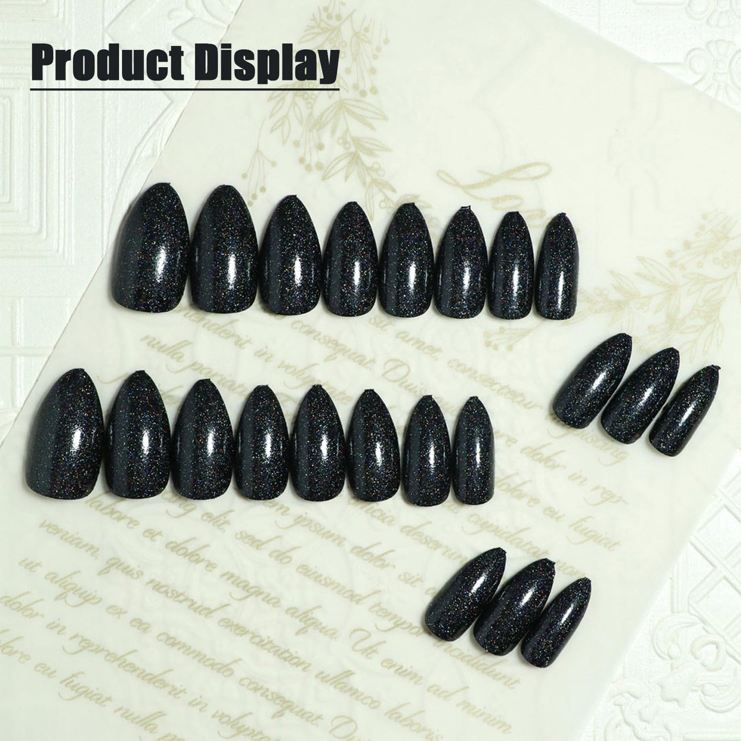 UV Press on Nails Medium Almond Shape, Fake Nails with Sparkly Designs, Glossy Black Glitter False Nails Gel Nails Full Cover Acrylic Nails with Glue Stick on Artificial Fingernails for Women Girls