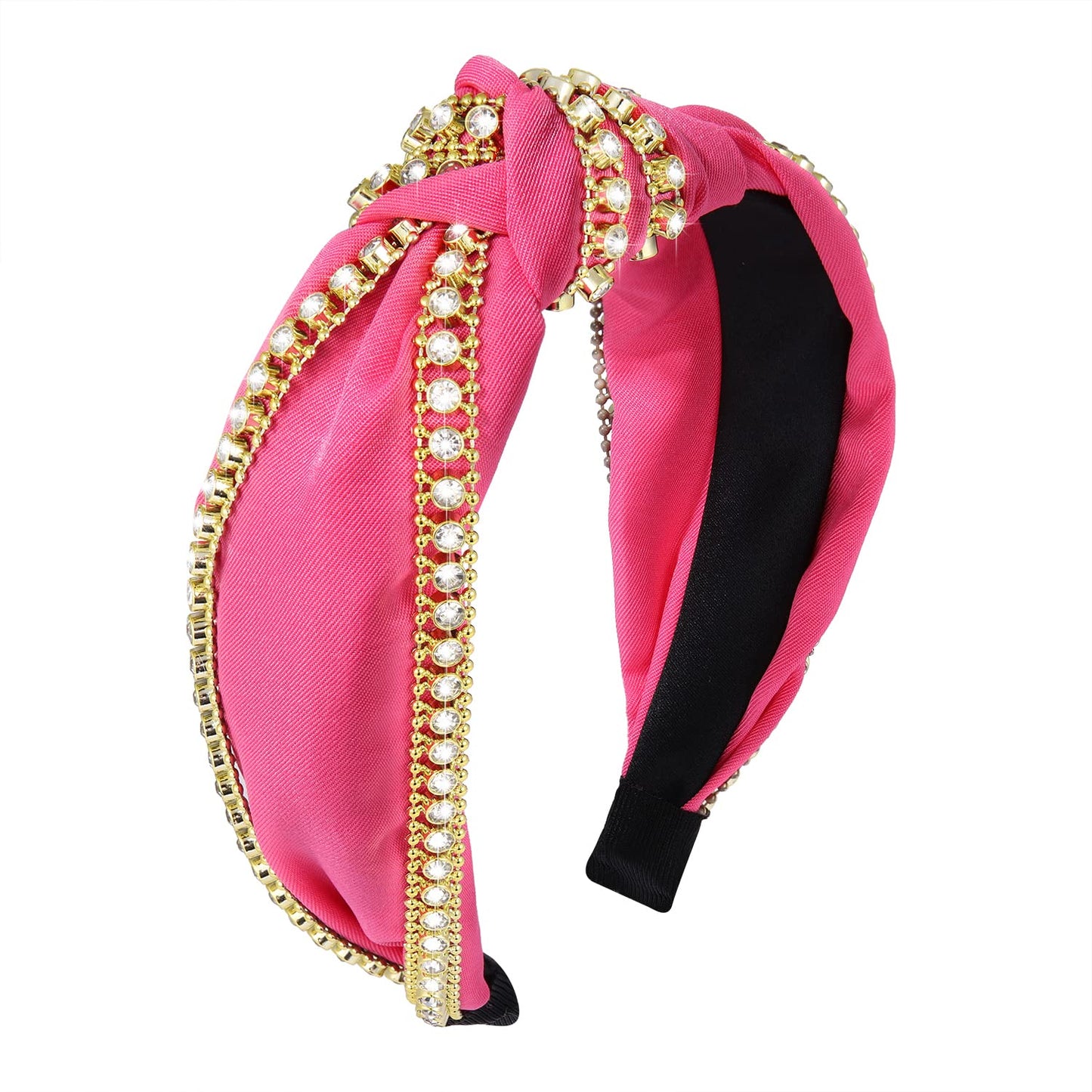 Rhinestone Knotted Headband Sparkle Rhinestone Chain Top Knot Headband for Women Girls White Black Hot Pink Wide Hairband Headpiece Hair Accessories Gift (hot pink rhinestone chain headband)