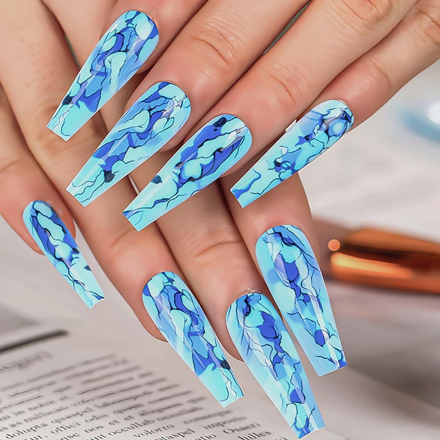 Rchosvam xl Blue Marble Press on Nails Extra long Coffin Fake Nails Sky Blue Design Stick on Nails Full Cover Gel Nails Kit for Womens 24pcs