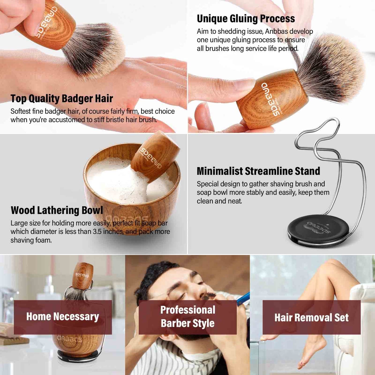 Anbbas Shaving Set, Pure Badger Hair Shaving Brush Wood Handle and Large Soap Bowl with Stainless Steel Shaving Stand 3IN1 Kit for Men