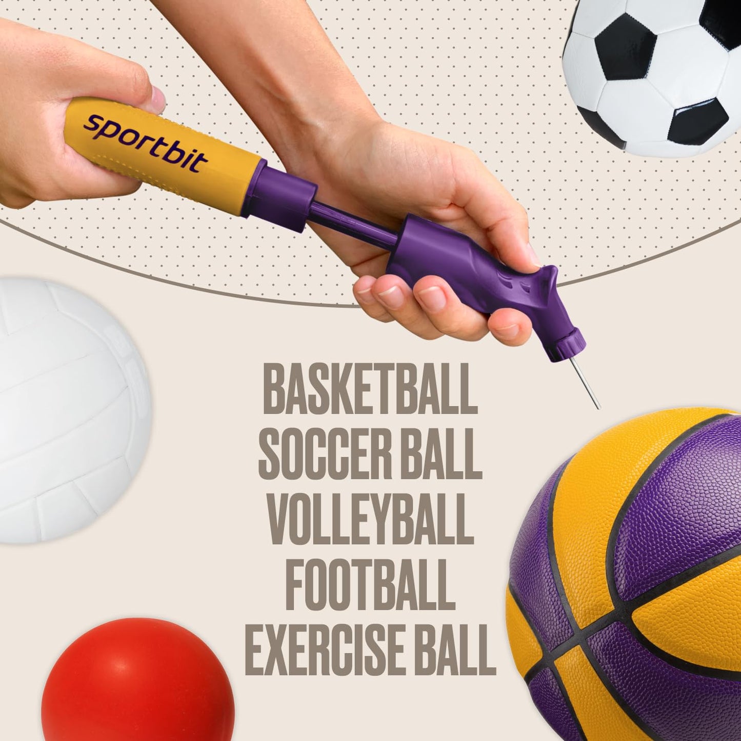 SPORTBIT Ball Pump with 5 Needles - Push & Pull Inflating System - Great for All Exercise Balls - Volleyball Pump, Basketball Inflator, Football & Soccer Ball Air Pump - Goes with Needles Set