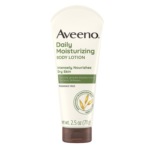 Aveeno Daily Moisturizing Body Lotion with Soothing Prebiotic Oat, Gentle Lotion Nourishes Dry Skin With Moisture, Paraben-, Dye- & Fragrance-Free, Non-Greasy & Non-Comedogenic, 2.5 fl. Oz