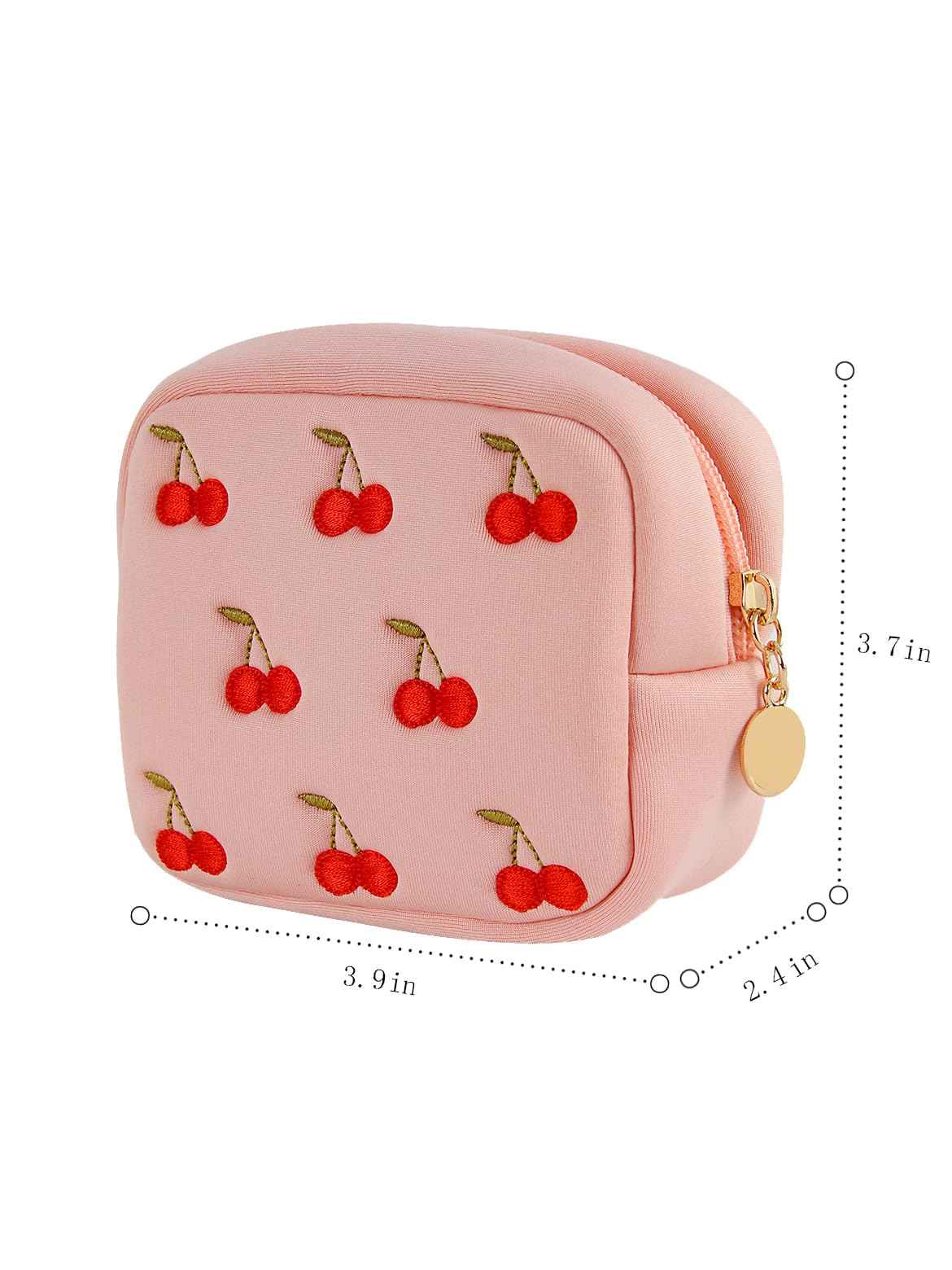 ZUCOLUS Pink Period Bag for Teen Girls, Mini Sanitary Napkin Storage Makeup Bag,Small Cherry Embroidery Period Bag for Women Girls