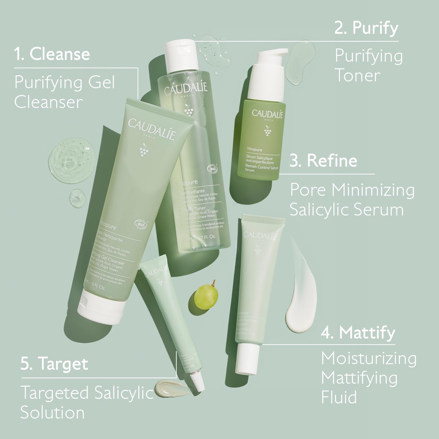 Caudalie Vinopure Pore Purifying Gel Cleanser with Natural Salicylic Acid, 5 Fl Oz