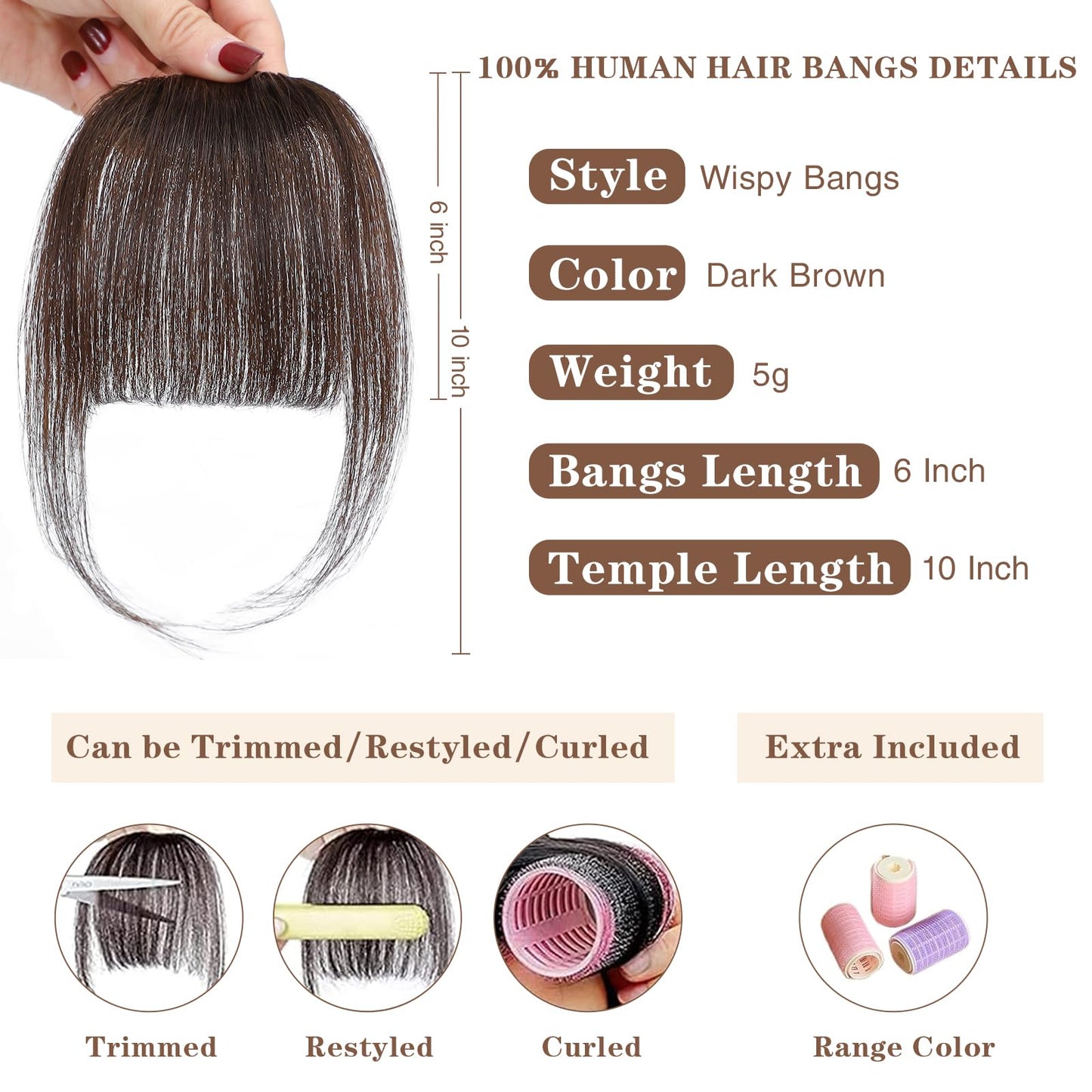 BUPPLER Clip in Bangs 100% Real Human Hair Pieces Wispy Dark Brown Fake Bangs Hair Clip on bangs for women Faux Bangs Clip in Hair Extensions with Hair Roller for Daily Wear