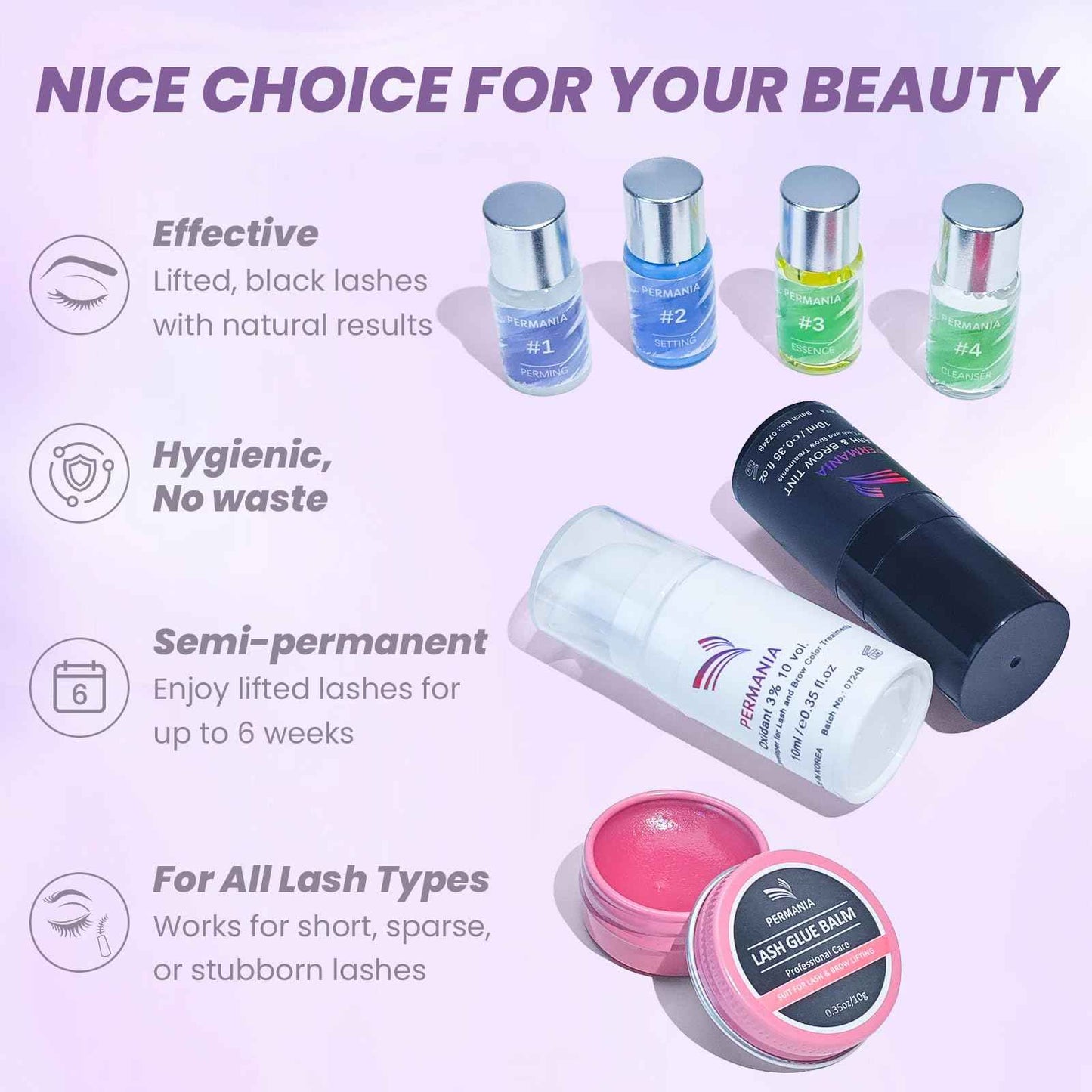 PERMANIA Lash Lift and Tint Kit, Salon Grade Supplies for Eyelash Perm and Brow Lamination Black Dye with Lash Lift Balm Curling & Coloring Natural Result